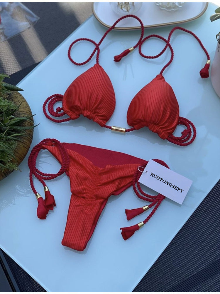 Sexy Vacation Bikini Set | Solid Color Braided String Split Swimwear for Hot Springs & Beach