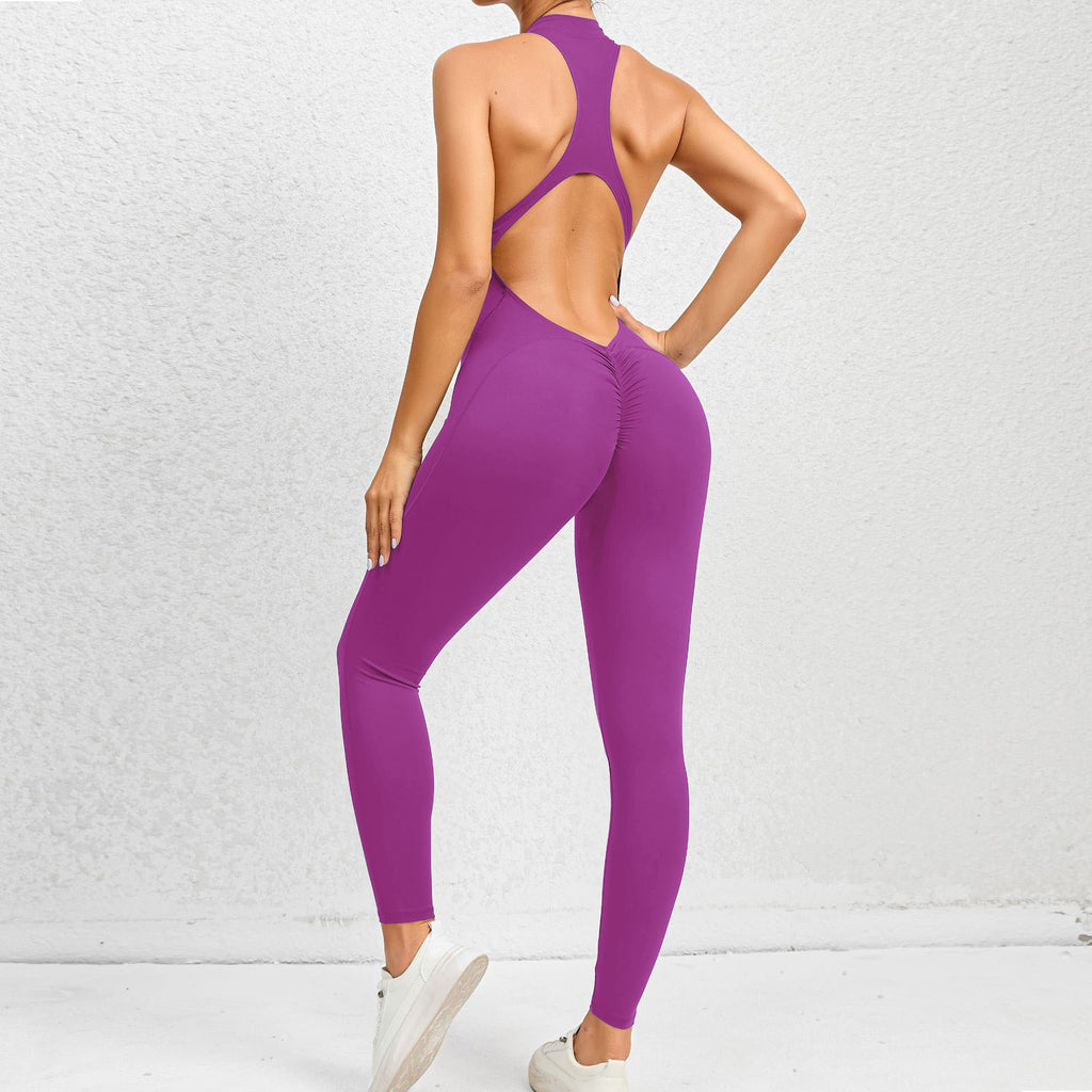 One-Piece Zipper Yoga Jumpsuit Back Cutout Running Fitness Bodysuit