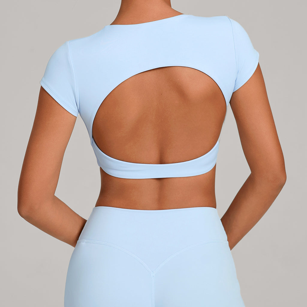 Backless Running Yoga Top｜Double-Stitched Tight Fit No-Bra Short Sleeve Activewear for Women