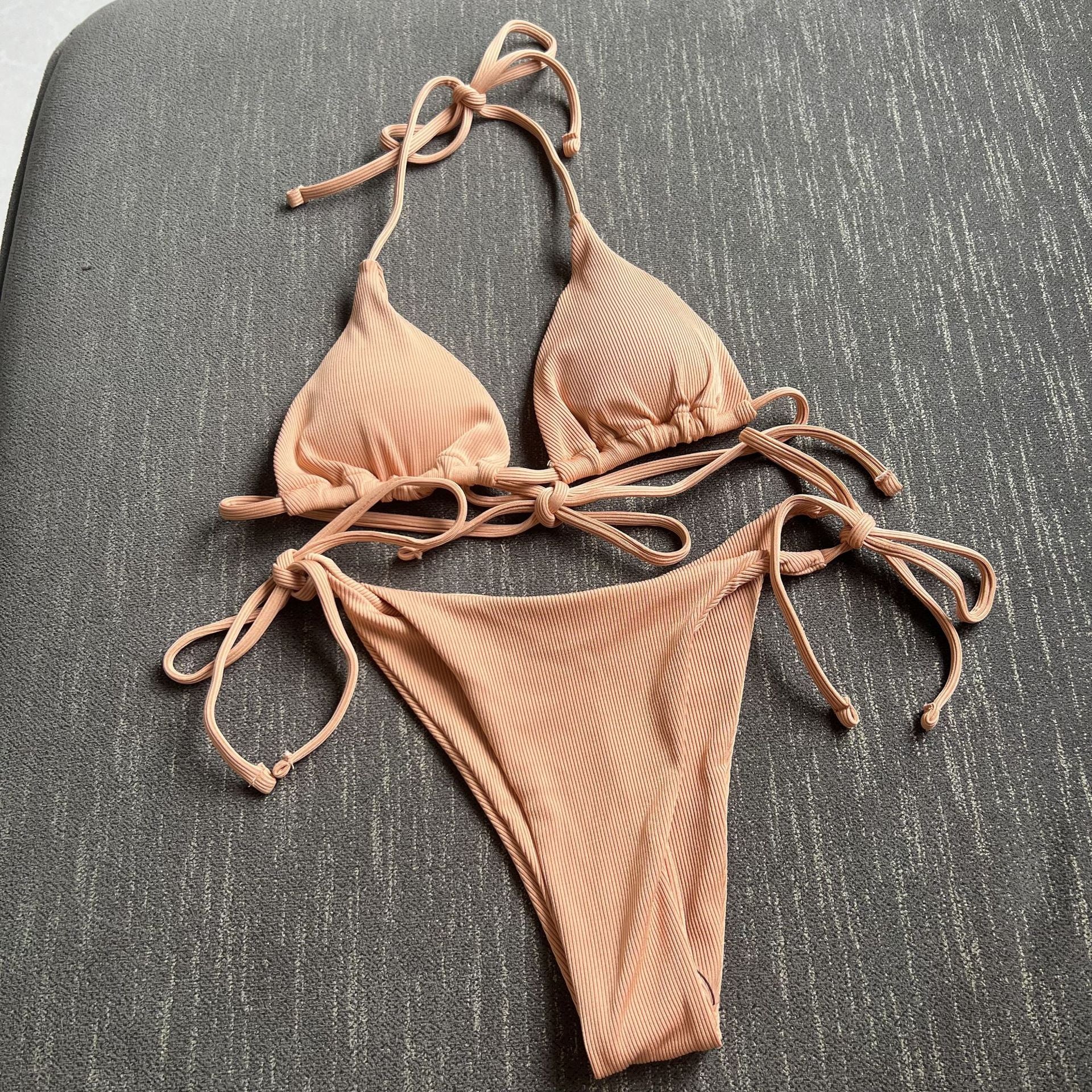 2026 Style Sexy Thong Ribbed Bikini Set Two Piece Split Swimsuit