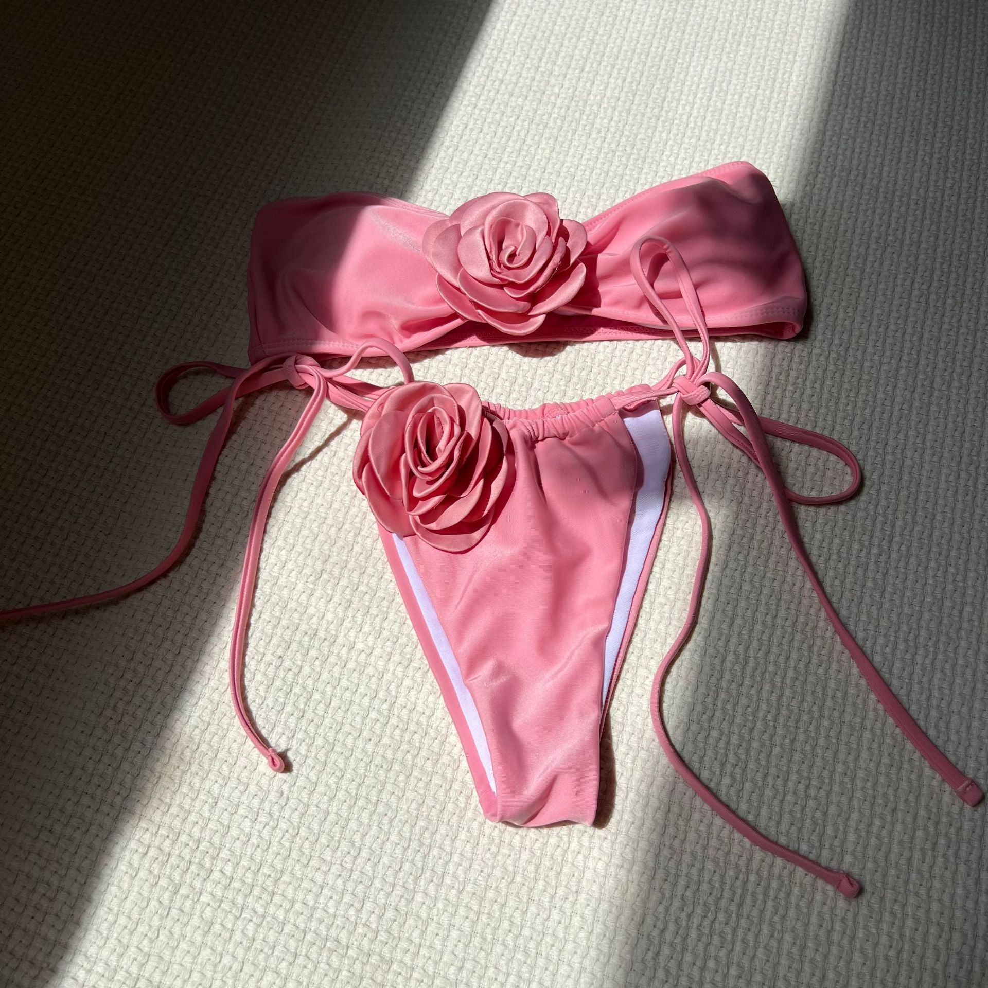 2026 Solid Color Rose Bandeau Drawstring Bikini Set Two Piece Split Swimsuit