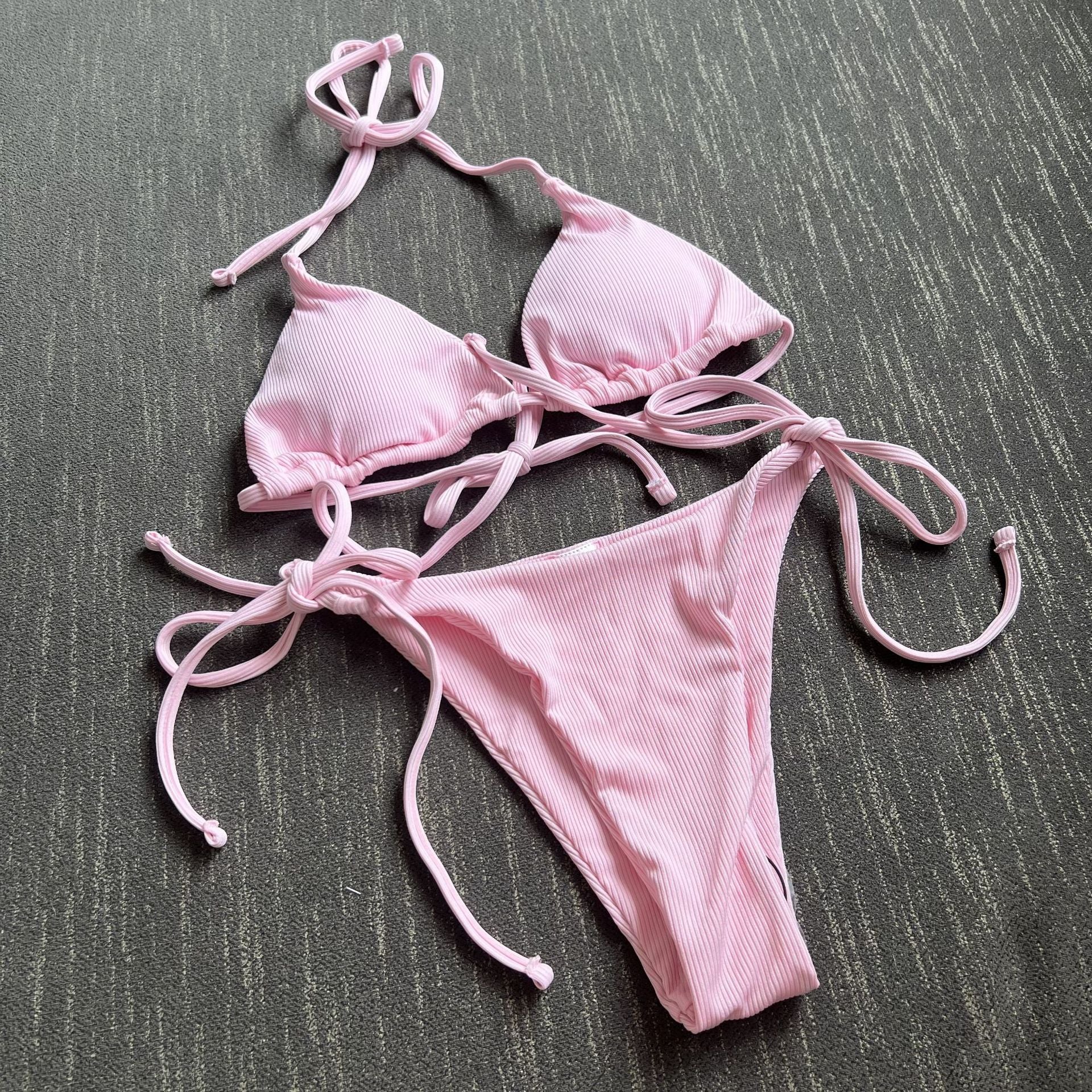 2026 Style Sexy Thong Ribbed Bikini Set Two Piece Split Swimsuit