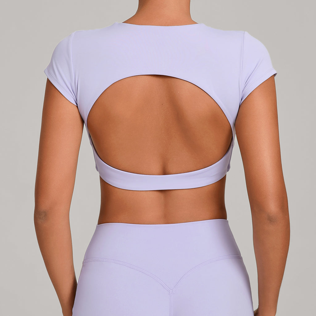 Backless Running Yoga Top｜Double-Stitched Tight Fit No-Bra Short Sleeve Activewear for Women