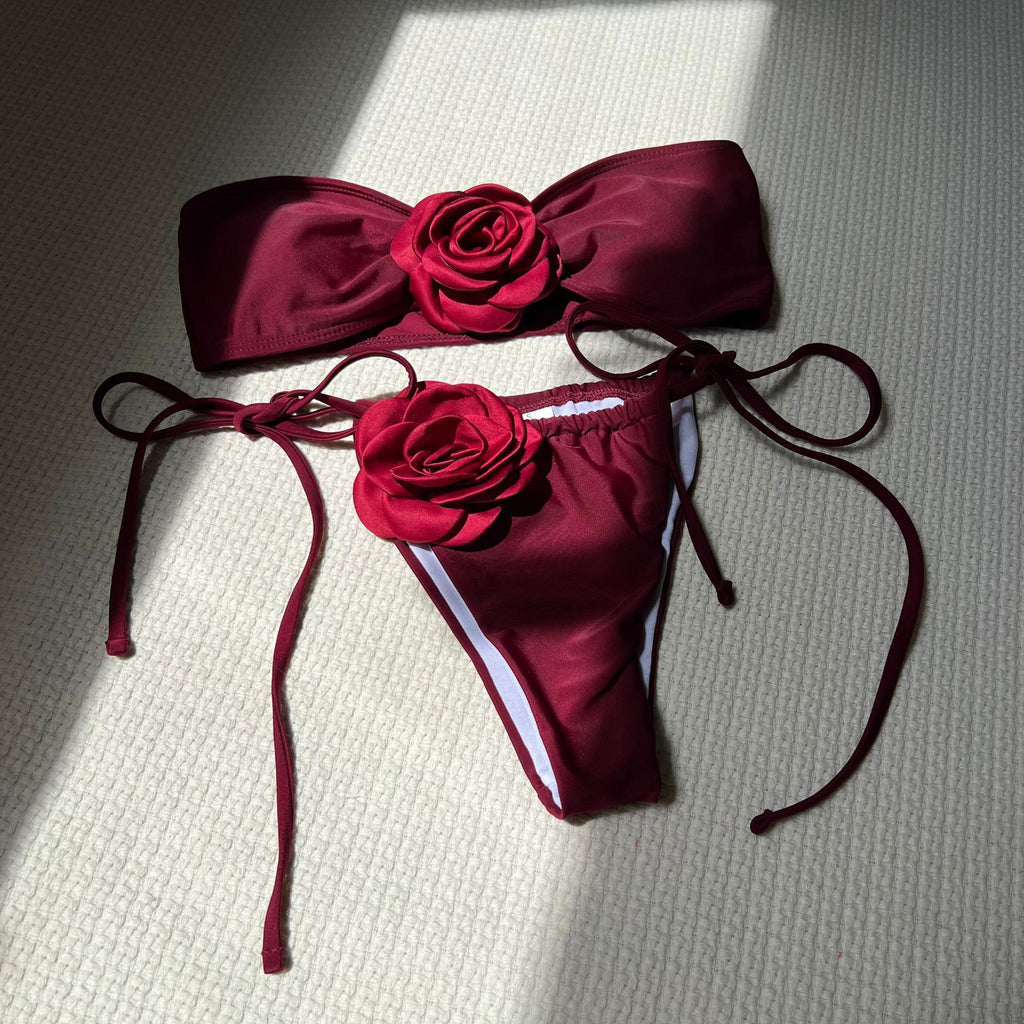 2026 Solid Color Rose Bandeau Drawstring Bikini Set Two Piece Split Swimsuit