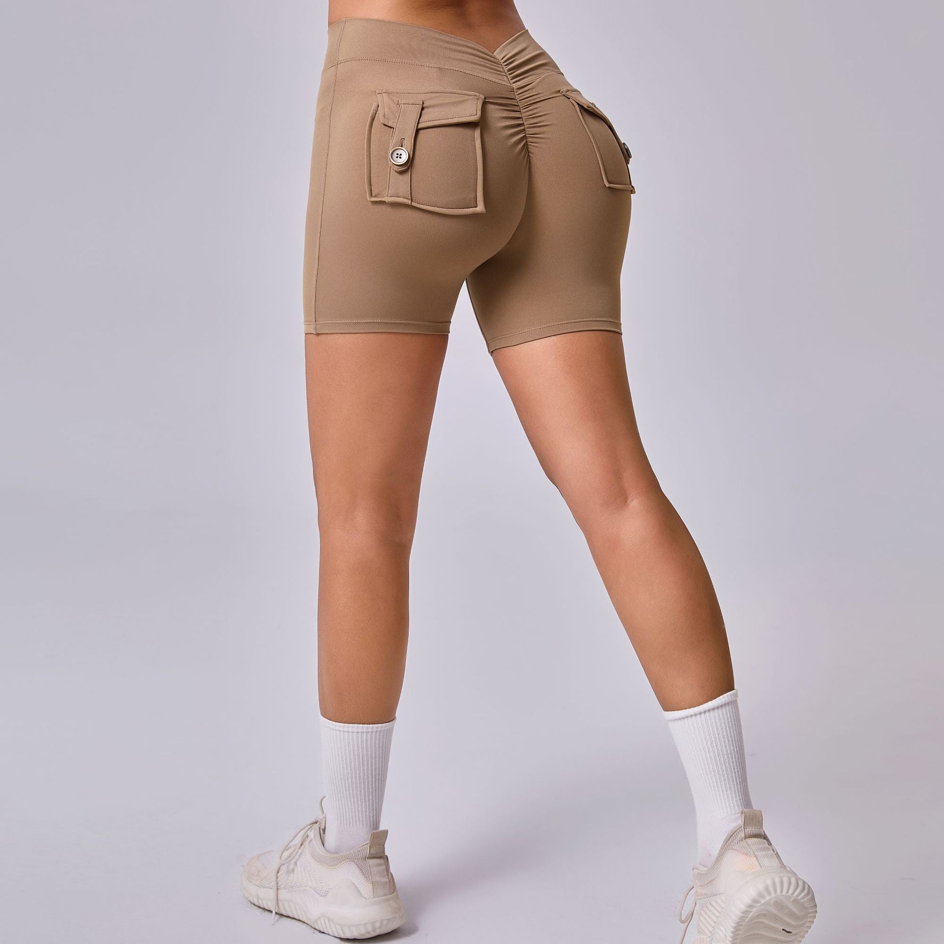Back V Cargo Pocket Ruched Scrunch Butt Yoga Shorts Tight Fitness Shorts