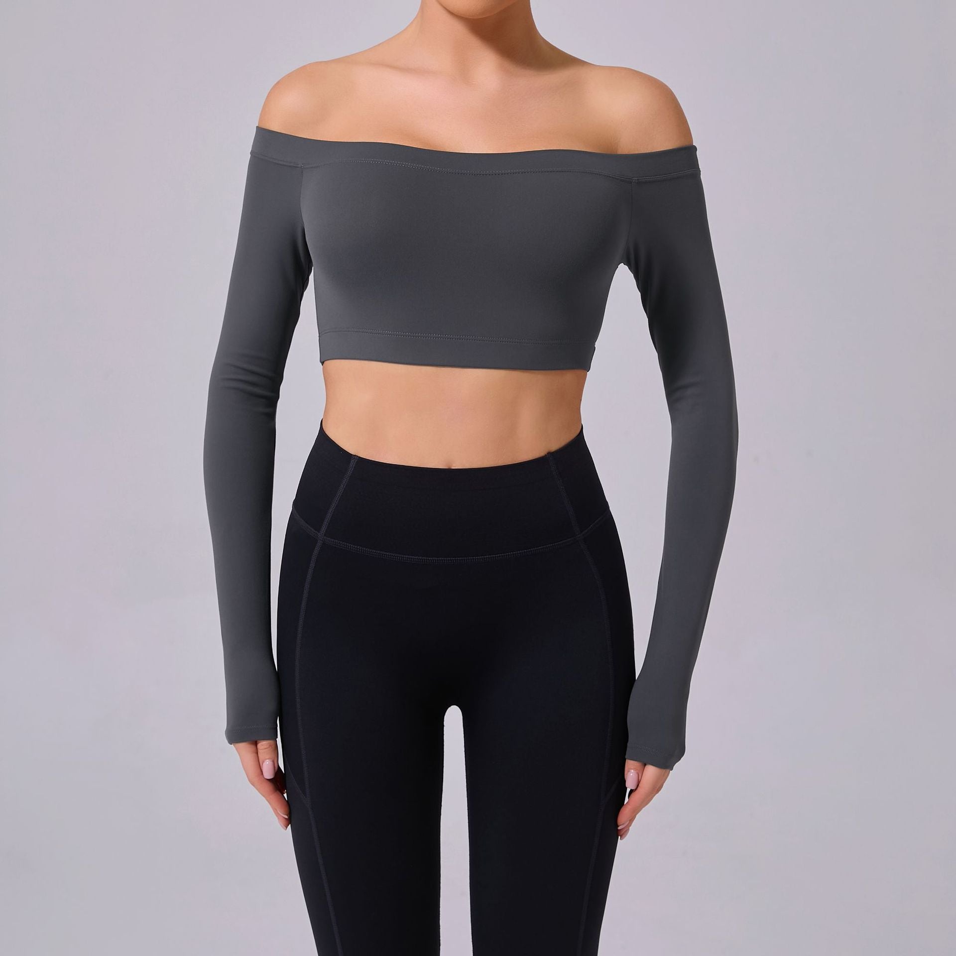 Off-Shoulder Long Sleeve Yoga Top | Brushed Slim Fit Running & Workout Wear