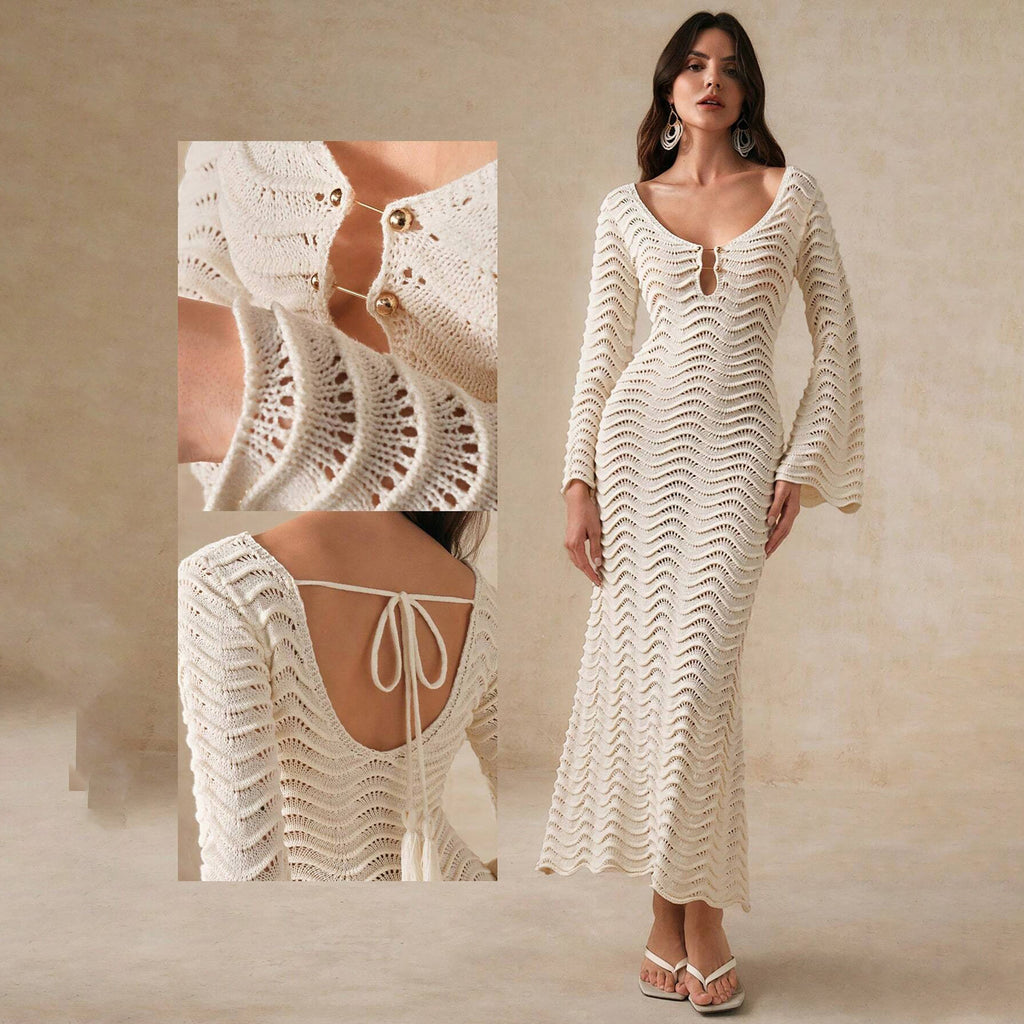 2026 Fall Long Sleeve Lace Trim Cardigan Beach Bikini Sunscreen Cover Up Dress