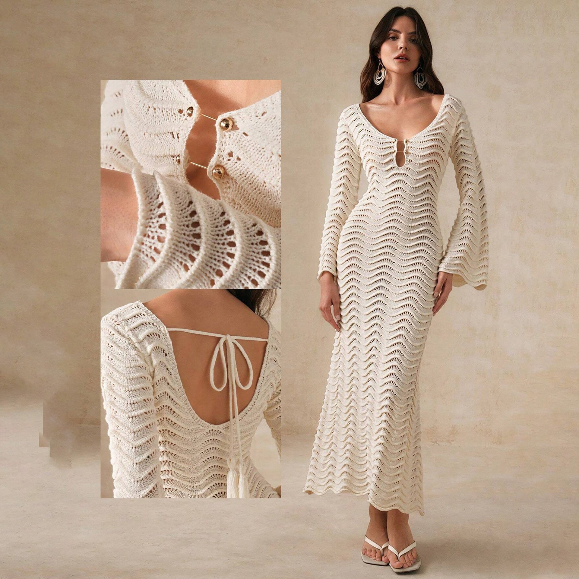 2026 Fall Long Sleeve Lace Trim Cardigan Beach Bikini Sunscreen Cover Up Dress