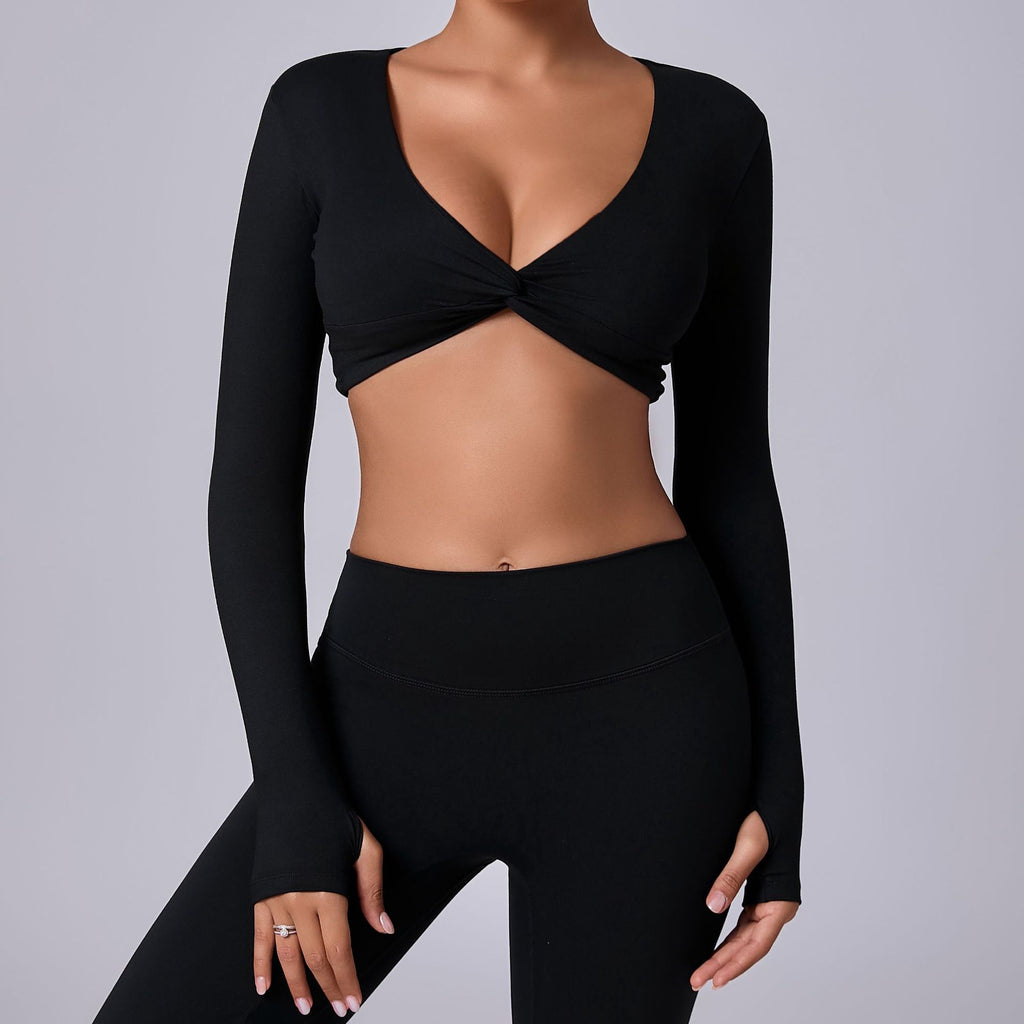 Cropped Long Sleeve Yoga Top with Thumb Holes | Sculpting Stretchy Running Activewear