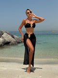 2026 European American Style Solid Color Metal Buckle Bandeau Bikini Set Three Piece Swimsuit