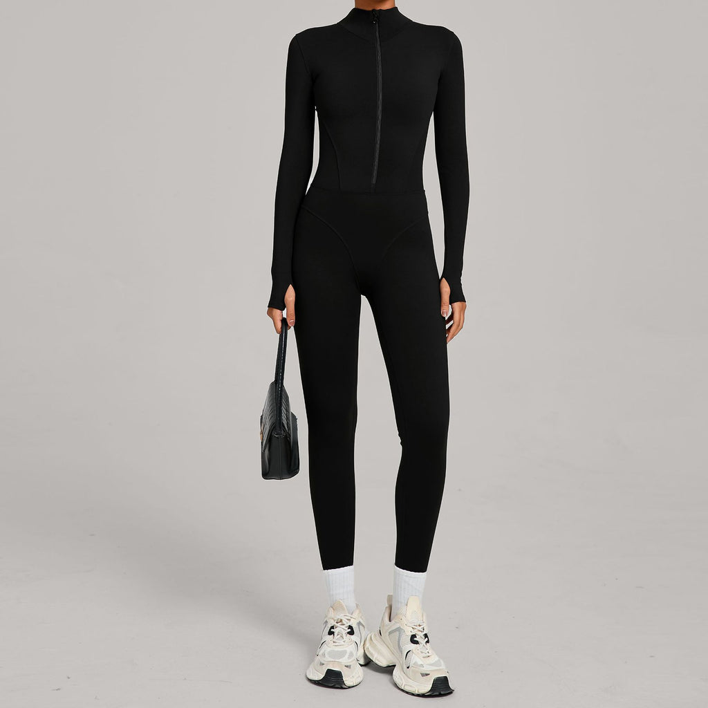 High-Neck Half-Zip Fleece Yoga Jumpsuit Outdoor Warm Running Fitness Wear