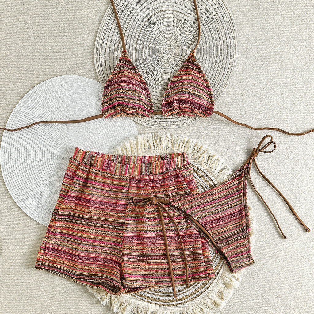 2026 European American Style Halter Knitted Bikini Set Three Piece Beach Shorts Swimsuit