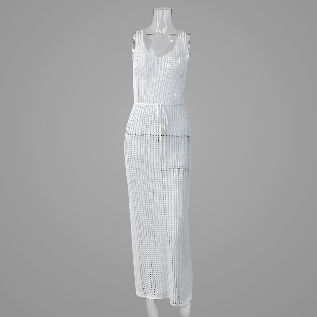 2026 Vacation Knit Beach Cover Up High Waist Backless Sexy Midi Dress