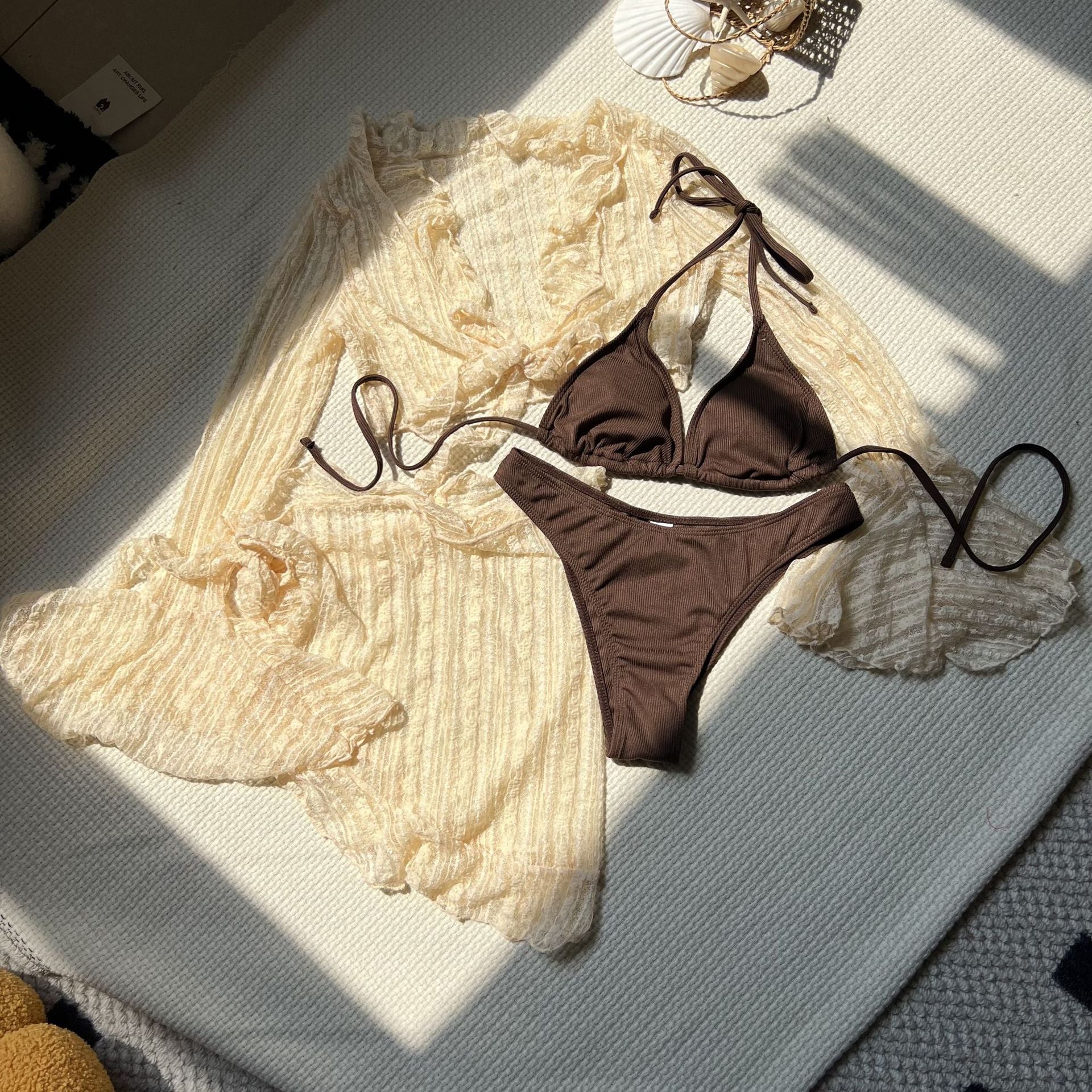 2026 Summer Sexy Nylon Shiny Metal Ring Bikini Set Backless Two Piece Swimsuit