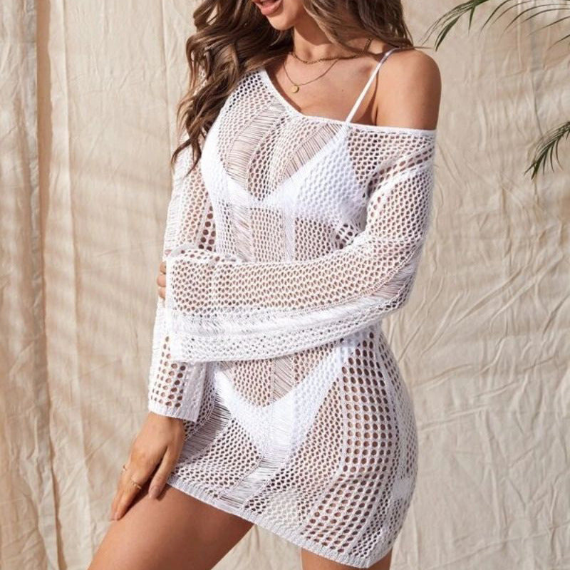 Sexy Backless Knitted Beach Dress Hollow Out Long Sleeve Bodycon Bikini Cover Up Summer Swimwear Outfit