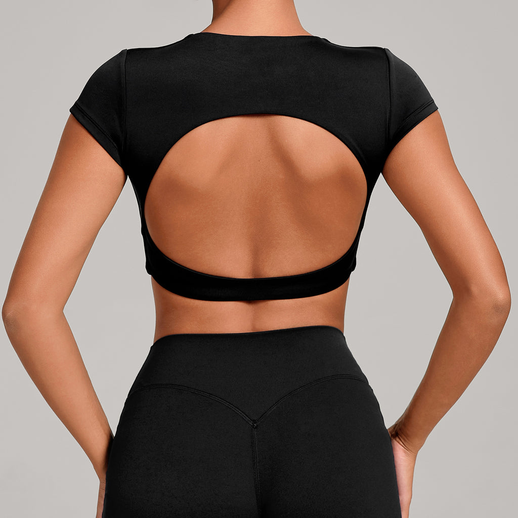 Backless Running Yoga Top｜Double-Stitched Tight Fit No-Bra Short Sleeve Activewear for Women
