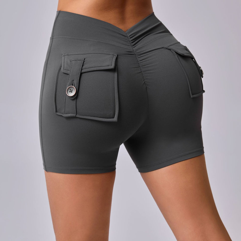 Back V Cargo Pocket Ruched Scrunch Butt Yoga Shorts Tight Fitness Shorts