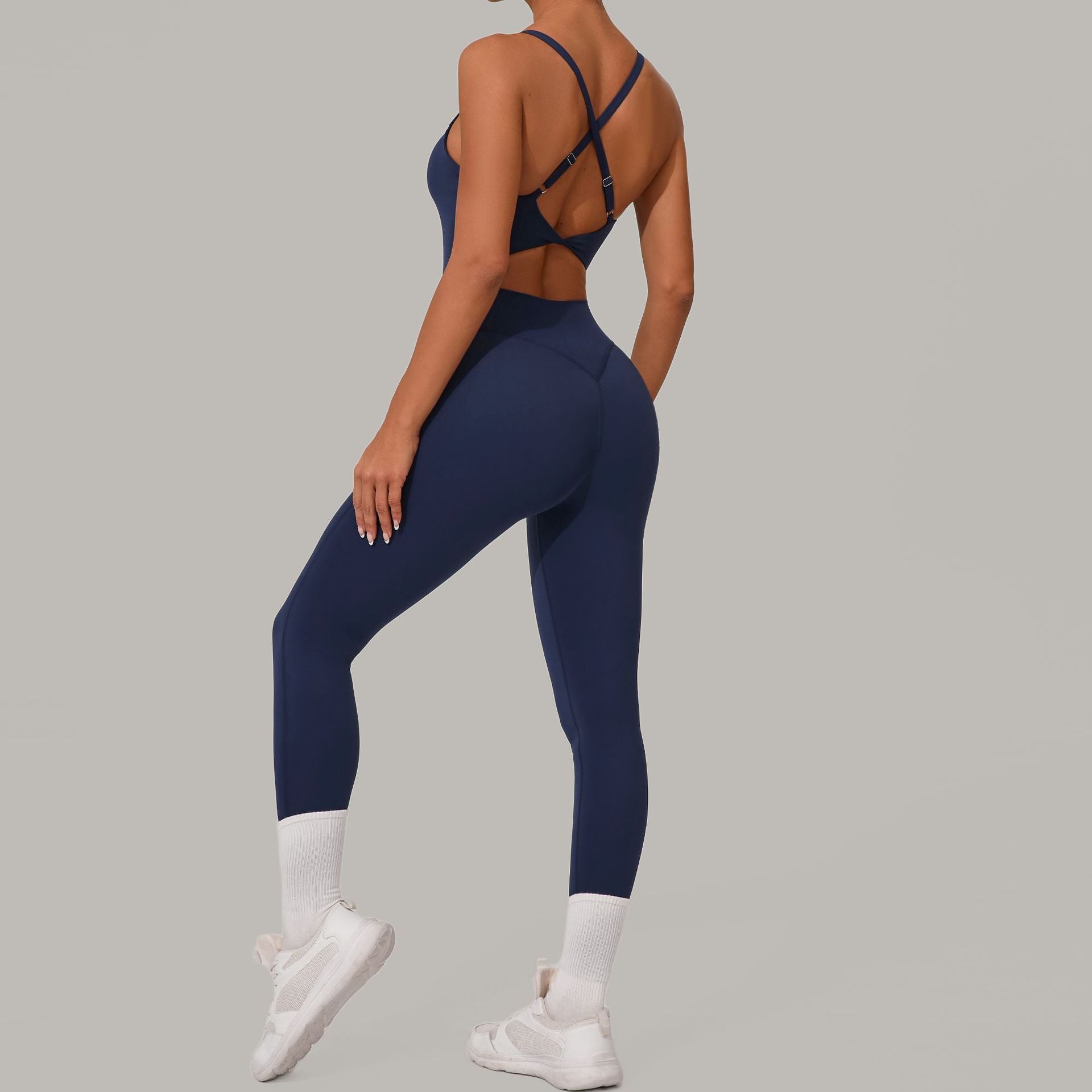Adjustable Buckle Cross Waist-Cinching Scrunch Butt Yoga Jumpsuit Tight-Fit Workout Bodysuit