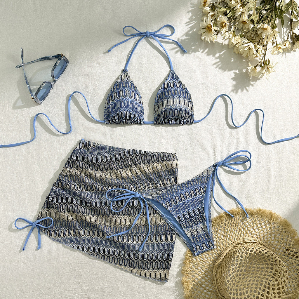 2026 Summer Sexy Embroidered Gradient Bikini Set Three Piece Beach Swimsuit