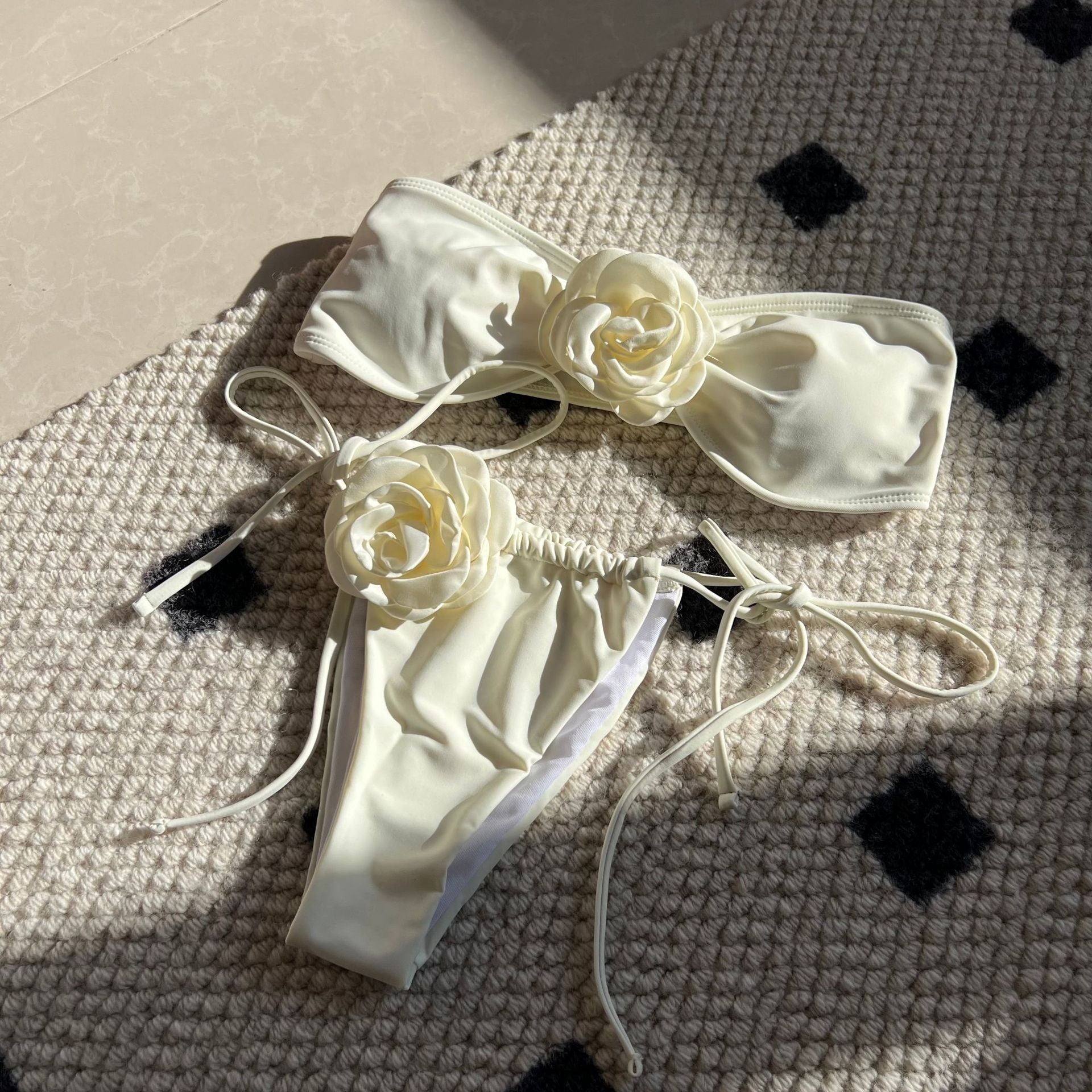 2026 Solid Color Rose Bandeau Drawstring Bikini Set Two Piece Split Swimsuit