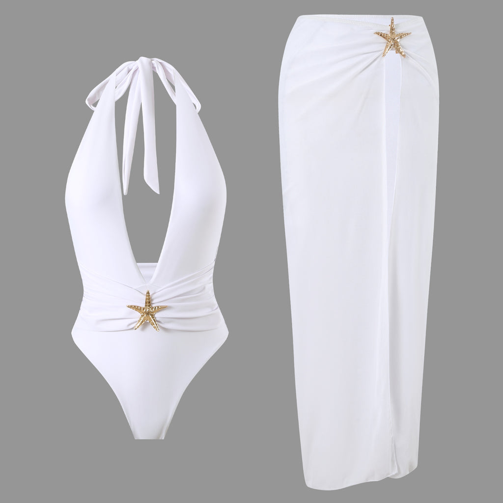 2026 Solid Color One-Piece Slit Mesh Dress Bikini | Halter Summer Swimwear