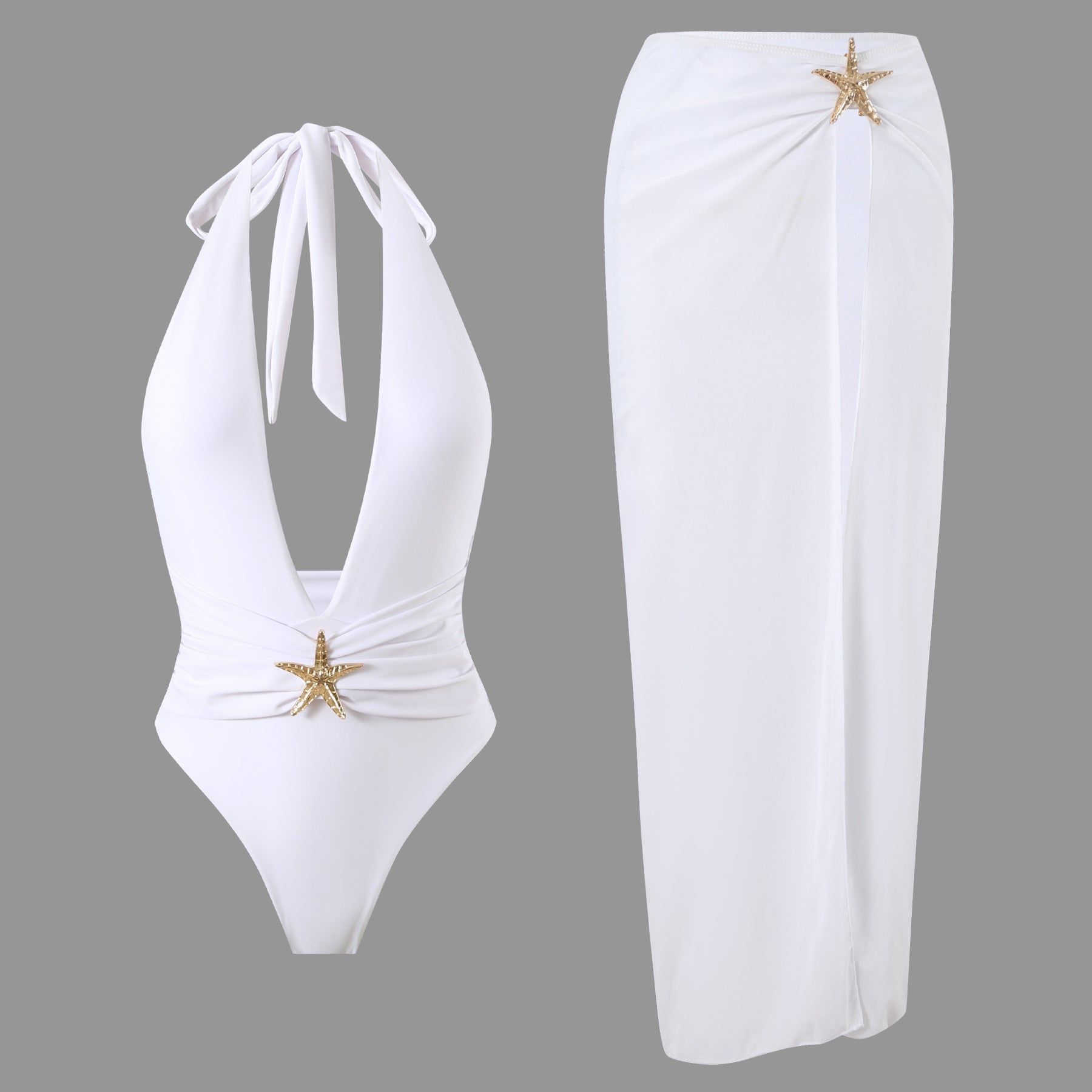 2026 Solid Color One-Piece Slit Mesh Dress Bikini | Halter Summer Swimwear