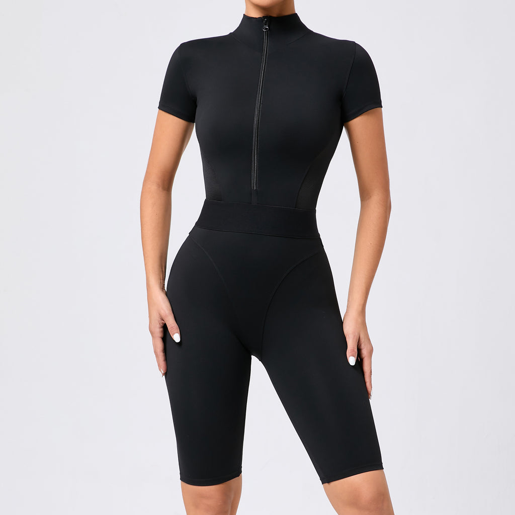 Waist-Shaping Zip Neck Short Sleeve Yoga Jumpsuit Mesh Panel Gym Bodysuit
