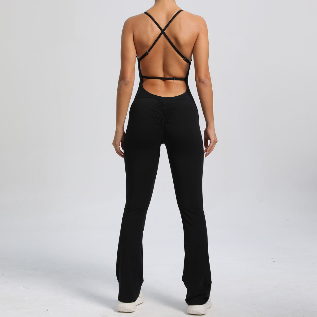 Adjustable Strap Backless Scrunch Butt Yoga Jumpsuit Slight Flare Fitness Wear