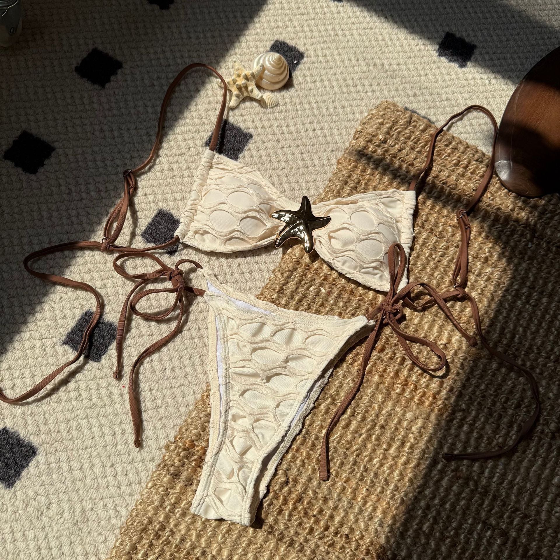2026 Sexy Open Back Mesh Patchwork Bikini | Drawstring Tie-Up Split Swimwear