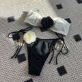 2026 Color Block Rose Bandeau Drawstring Bikini Set Two Piece Split Swimsuit
