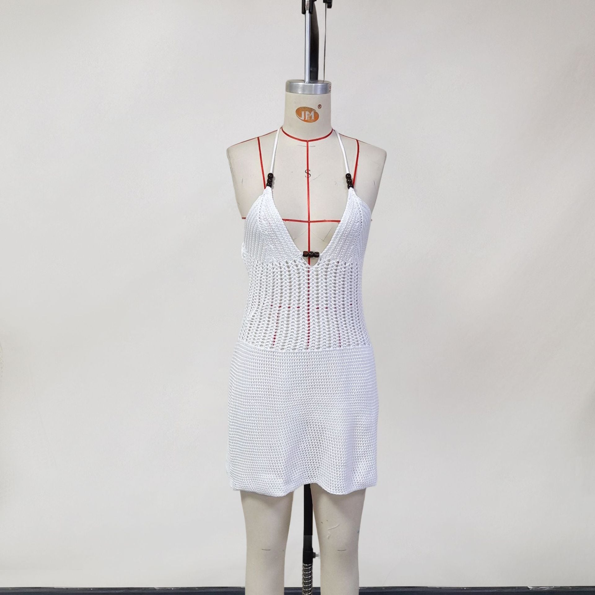 2026 Sexy Hollow Out Backless Bodycon Halter Tie Up Knit Beach Mini Dress