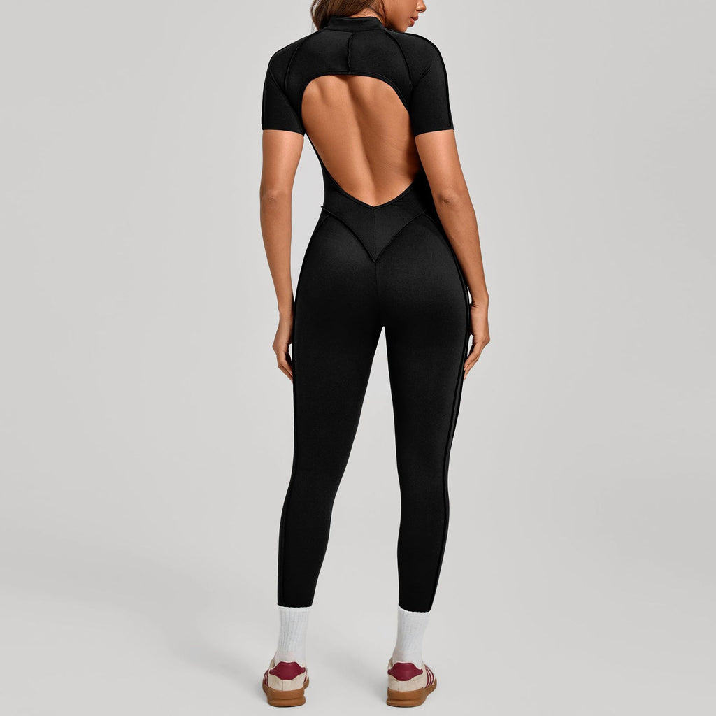 High-Neck Half-Zip Short Sleeve Yoga Jumpsuit Tummy Control Fitness Bodysuit