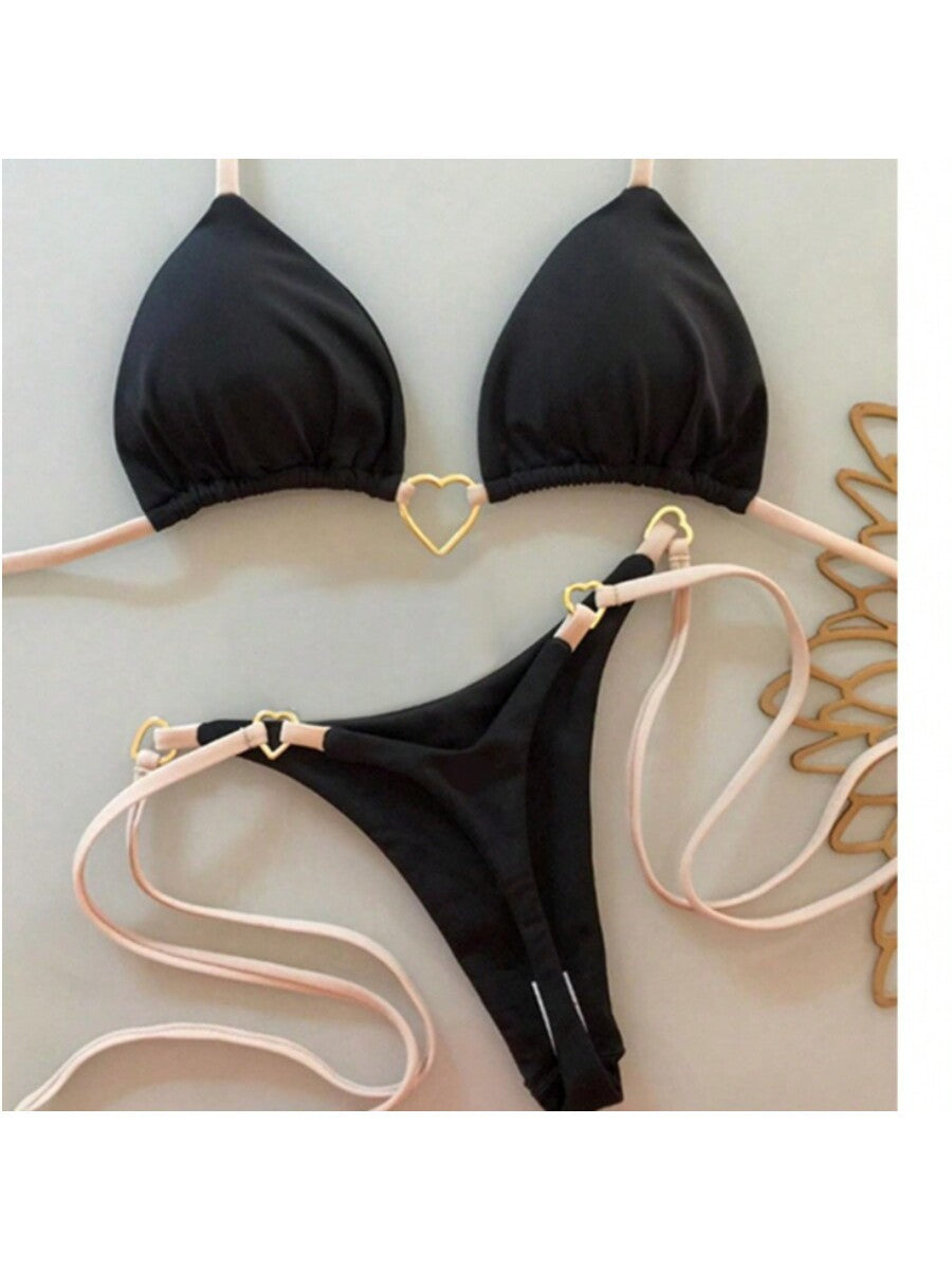 2026 Metal Accent Halter Push-Up Bikini | Sexy Solid Color Two-Piece Swimwear