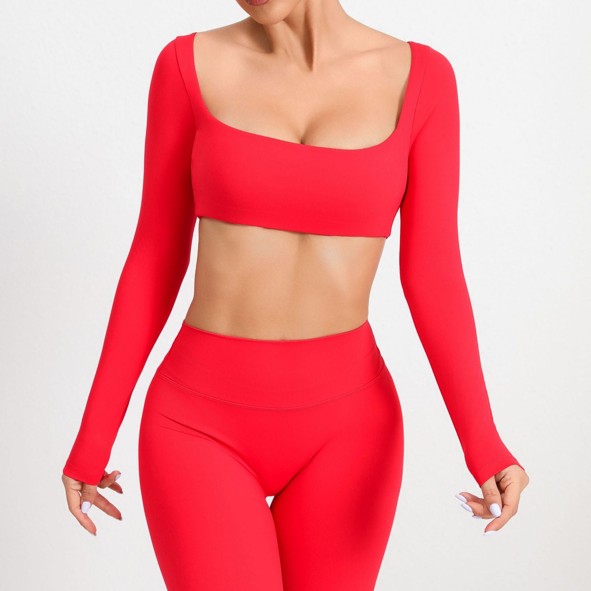 Square Neck Long Sleeve Yoga Top with Bra Pads | Quick-Dry Running & Workout Activewear