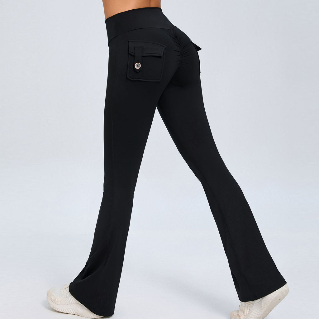 Buttoned Peach-Lift Yoga Flare Pants | High-Waist Quick-Dry Fitness Bell Bottoms for Women
