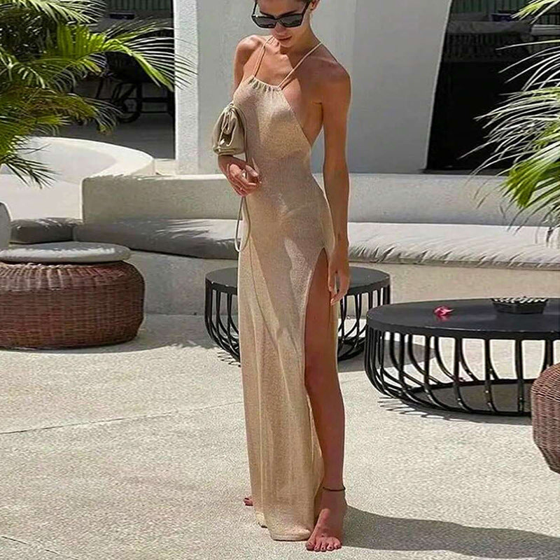 2026 Viral Double High Split Spaghetti Strap Backless Knit Beach Maxi Dress