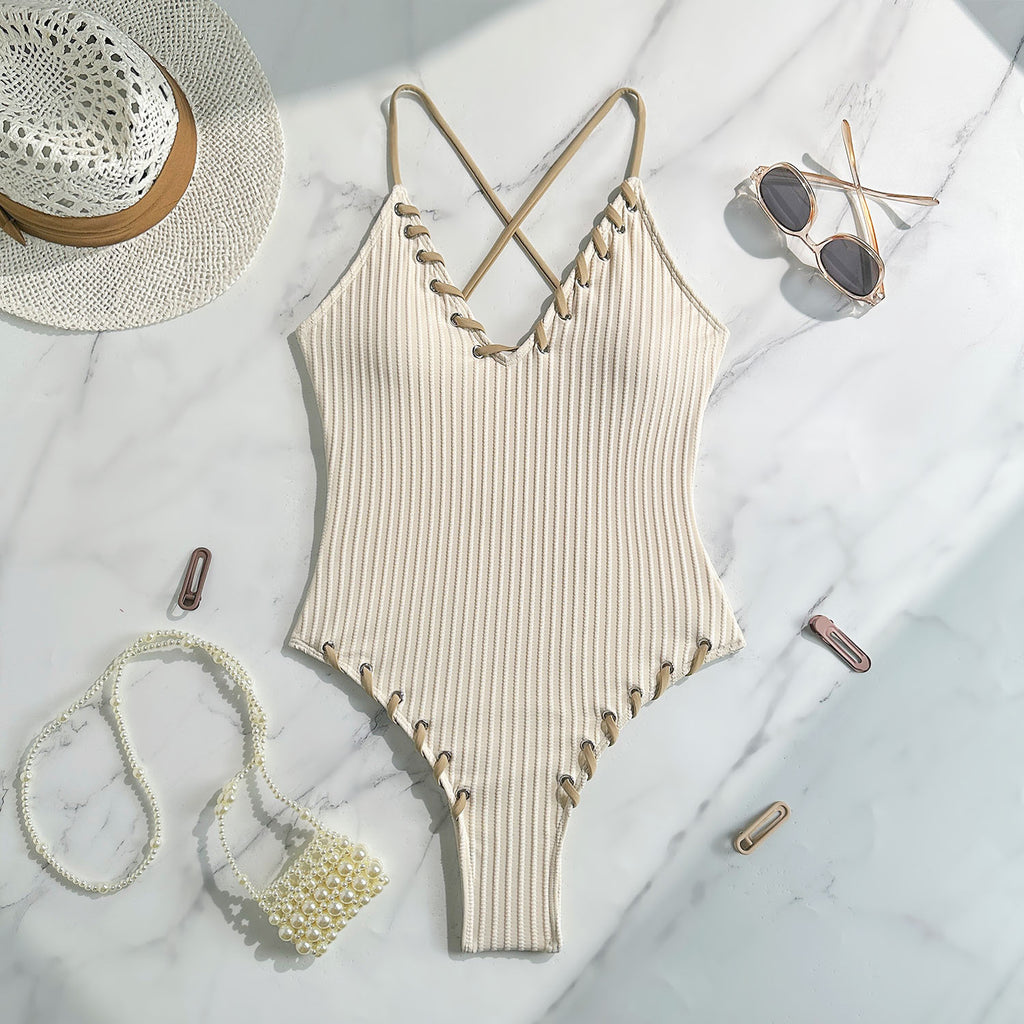 2026 Color Block Lace-Up Sexy One-Piece Swimsuit | Strappy Bikini Style