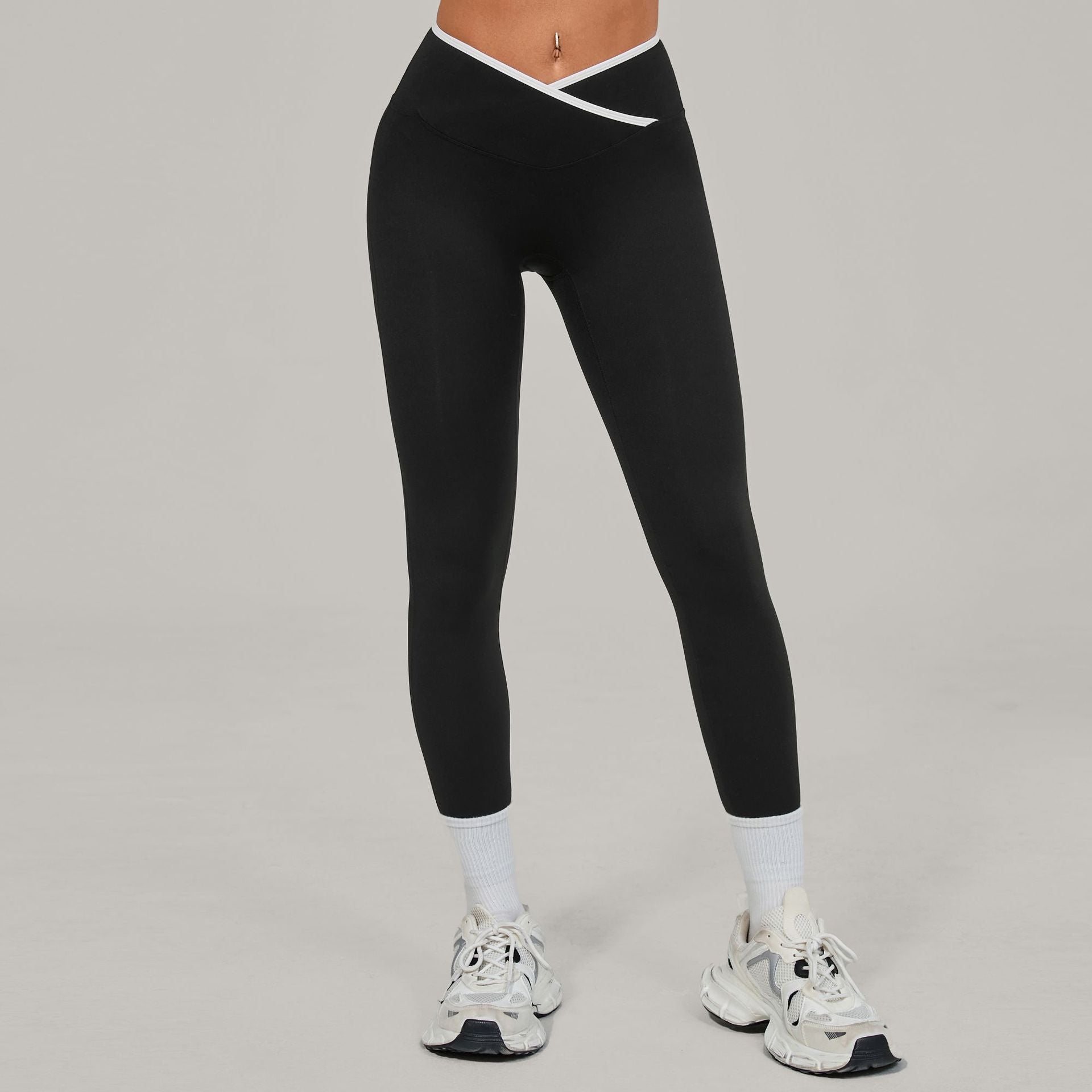 EU & US Naked-Feel Yoga Leggings | Cross High-Waist Color Block Running Pants 50402
