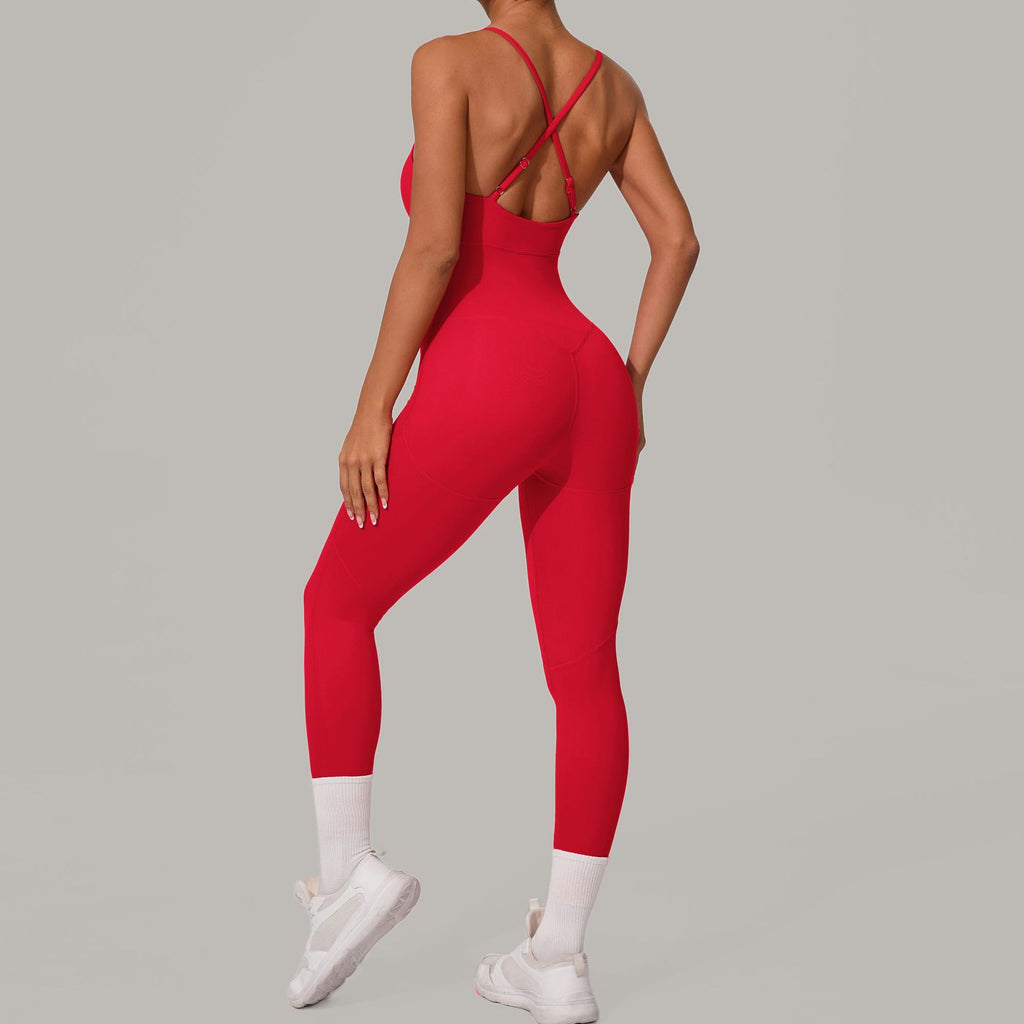 Cross Back Adjustable Strap Summer Yoga Jumpsuit Spliced Fitness Bodysuit