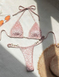 2026 Summer Sexy Pearl Leopard Print Thong Bikini Set Special Fabric Split Swimsuit