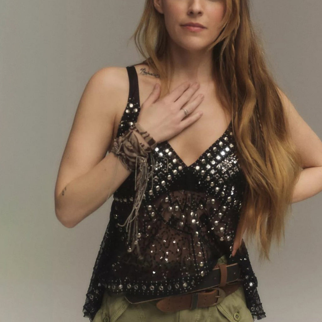 2026 Sexy Sheer Backless Rhinestone Spaghetti Strap Beach Sunscreen Tank Top