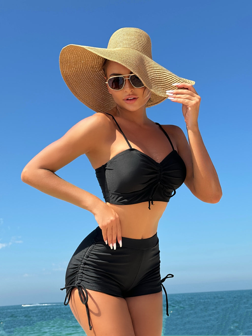 2026 Solid Color Conservative Split Swimsuit | Boxer Bottoms with Side Drawstring Bikini