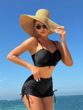2026 Solid Color Conservative Split Swimsuit | Boxer Bottoms with Side Drawstring Bikini