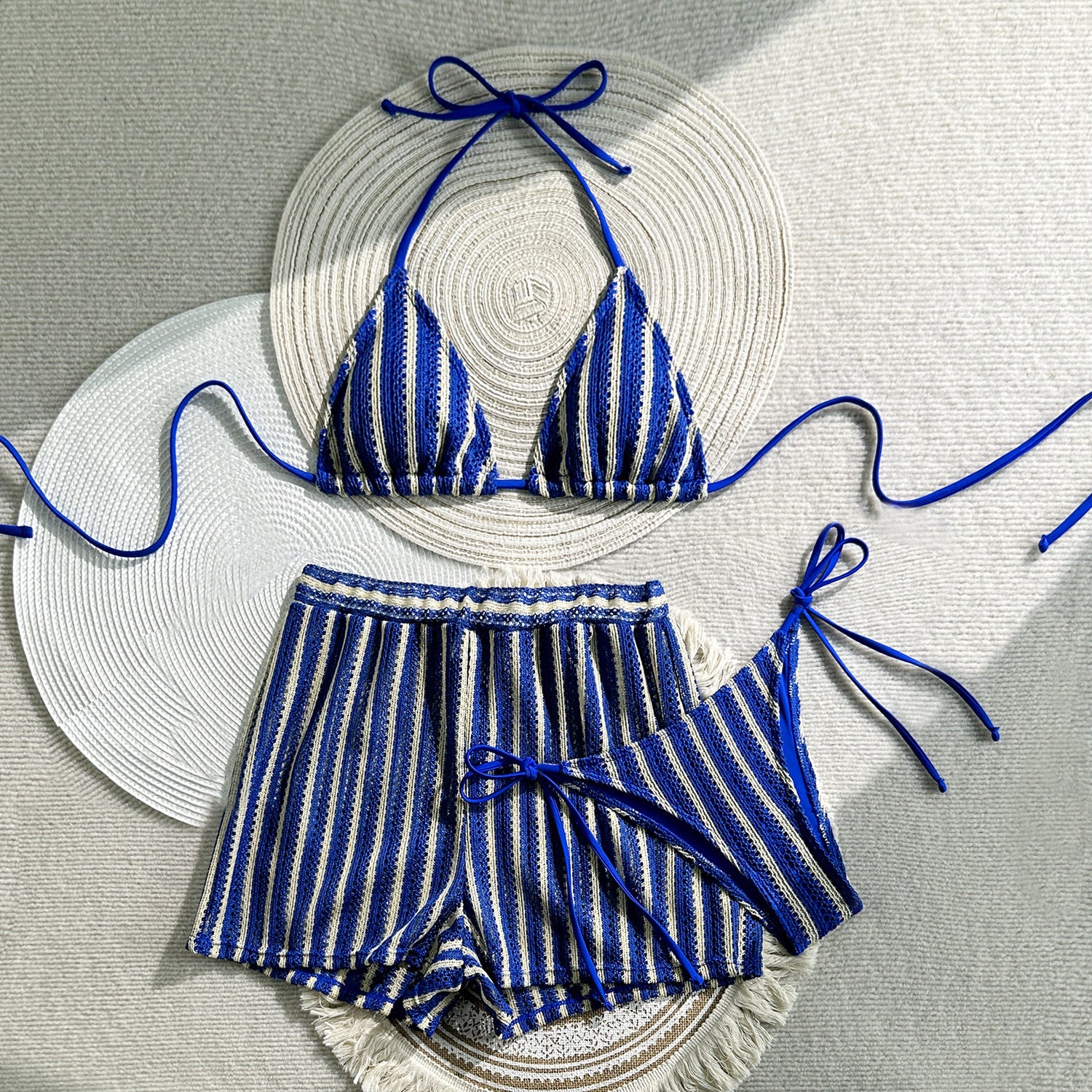 2026 Fashion Sexy Striped Tie Side Bikini Set Three Piece Beach Swimsuit For Women