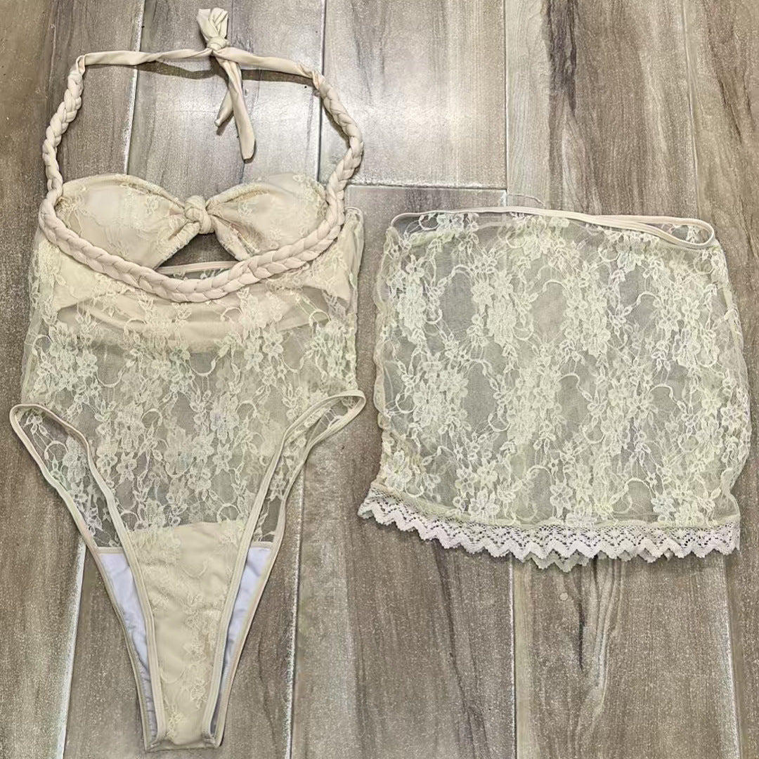2026 Solid Color Bandeau Lace-Up One-Piece Swimsuit | Cut-Out Skirt Two-Piece Set