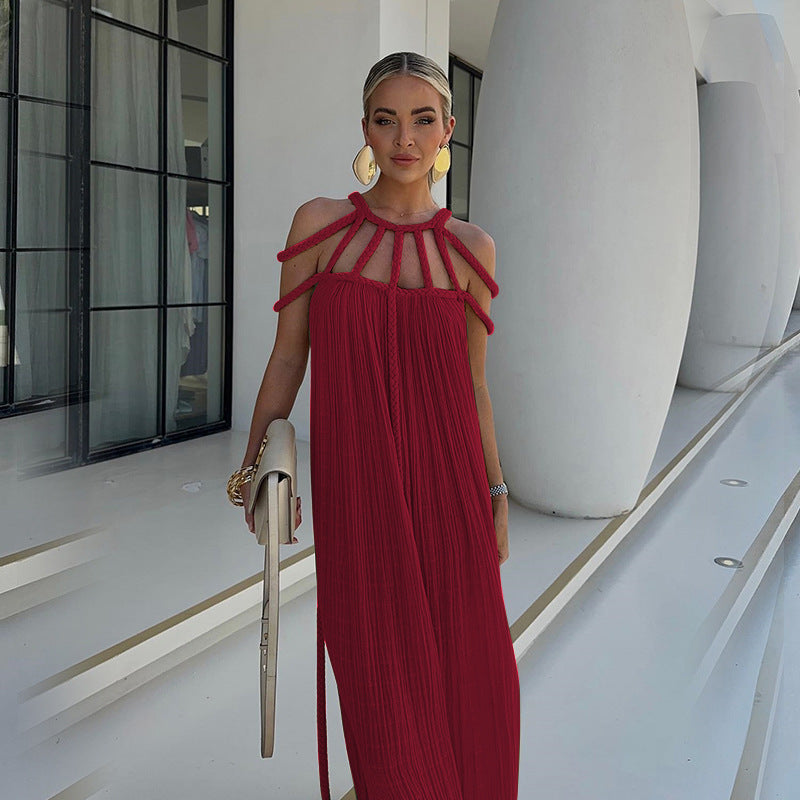 2026 Spring Tie Up Off Shoulder Halter Neck Loose Beach Vacation Dress