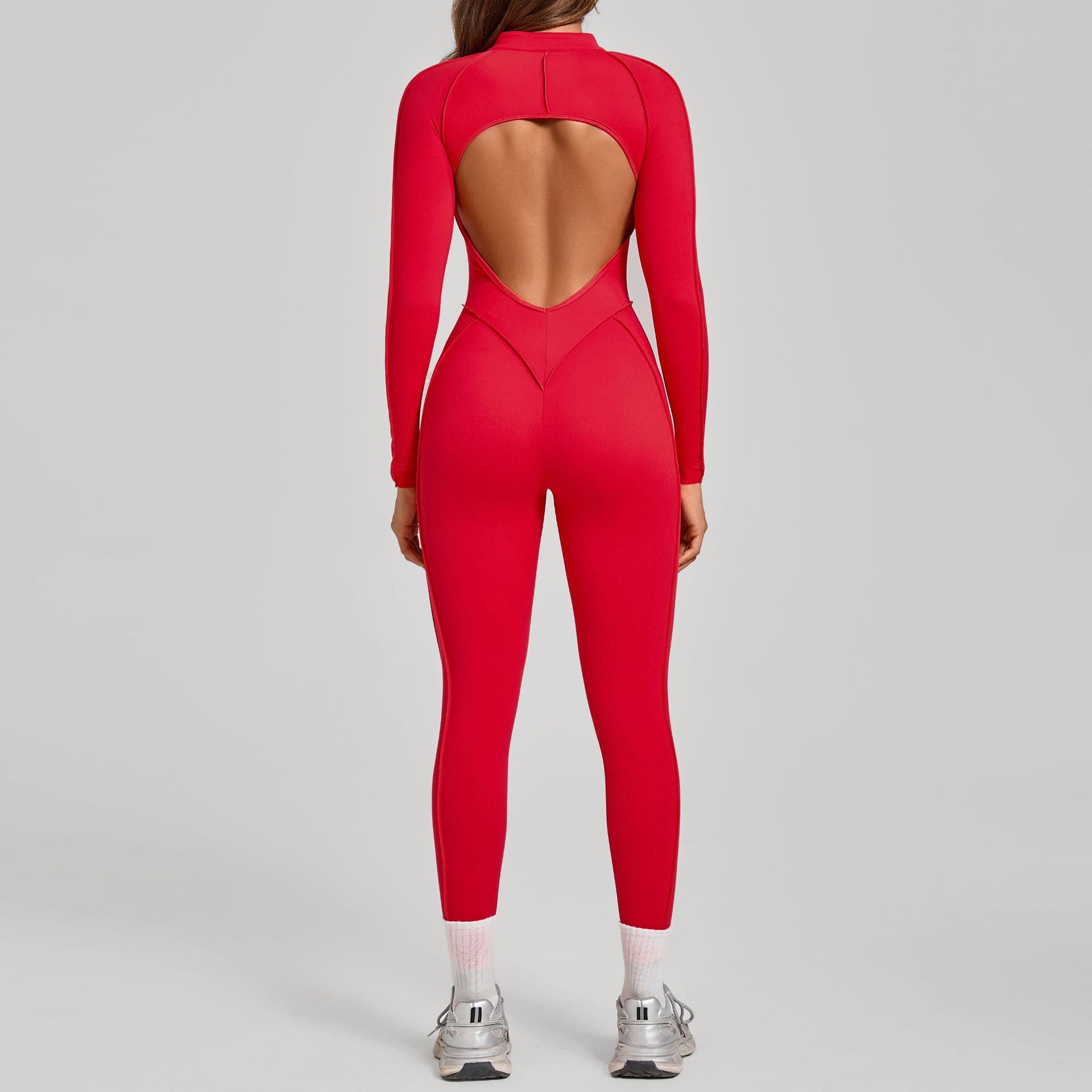 3D Panel Half-Zip Long Sleeve Yoga Jumpsuit Backless Tight Fitness One-Piece