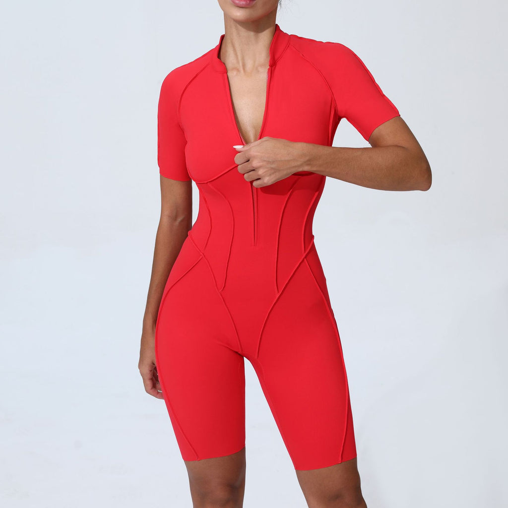 New Tight-Fit Zipper Short Sleeve Yoga Jumpsuit One-Piece Activewear