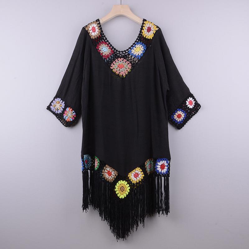 2026 New Women Handmade Crochet Floral Beach Dress Long Style Sunscreen Cover Up