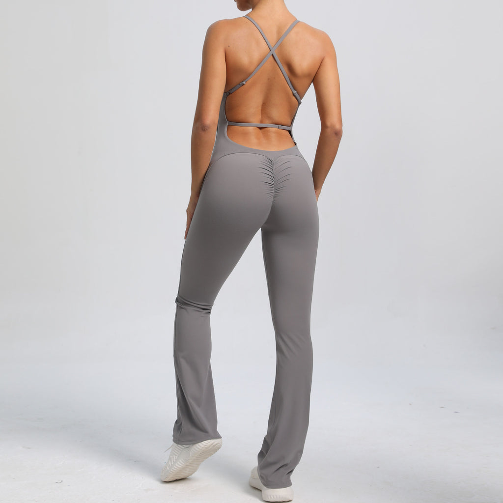 Adjustable Strap Backless Scrunch Butt Yoga Jumpsuit Slight Flare Fitness Wear